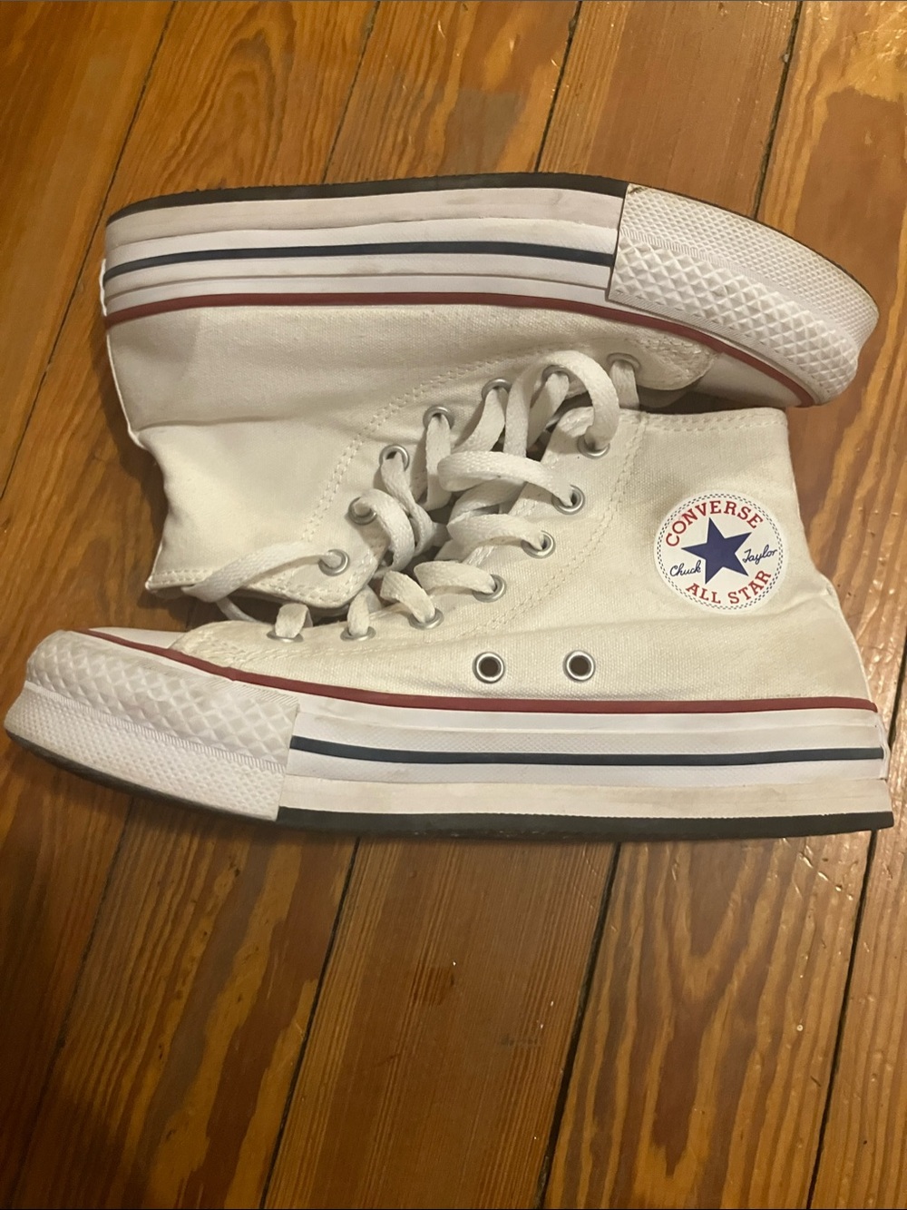 White High-Top Kids Sneakers with Red Stripe Accent